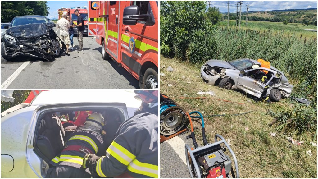Două persoane au rămas încarcerate, iar trei victime au fost transportate la spital după impactul dintre două mașini.