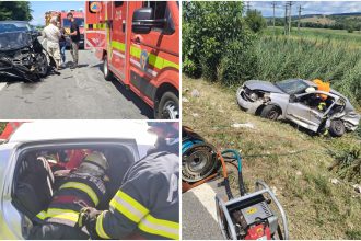 Două persoane au rămas încarcerate, iar trei victime au fost transportate la spital după impactul dintre două mașini.
