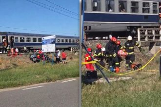 Mașină lovită de tren la trecerea la nivel cu calea ferată din Urseni, județul Timiș, după impactul în care o șoferiță a rămas încarcerată.
