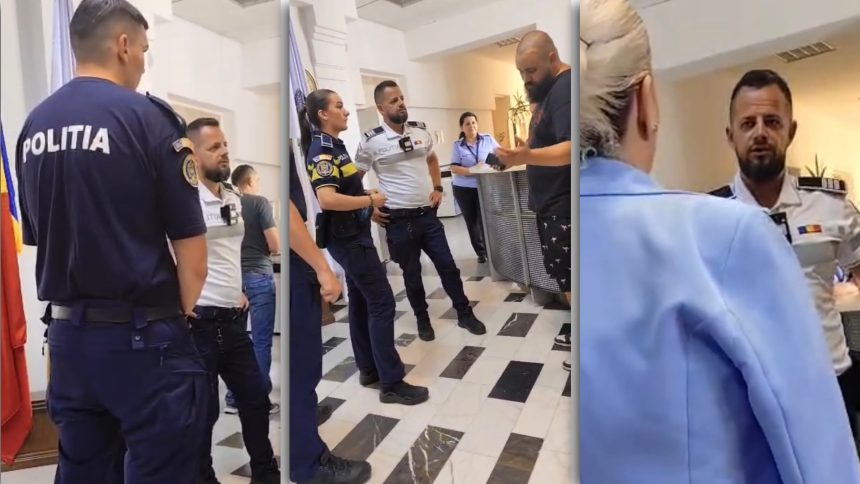 Polițiști din cadrul IPJ Timiș intervenind în holul Primăriei Timișoara pentru a aplana un conflict legat de accesul în instituție.