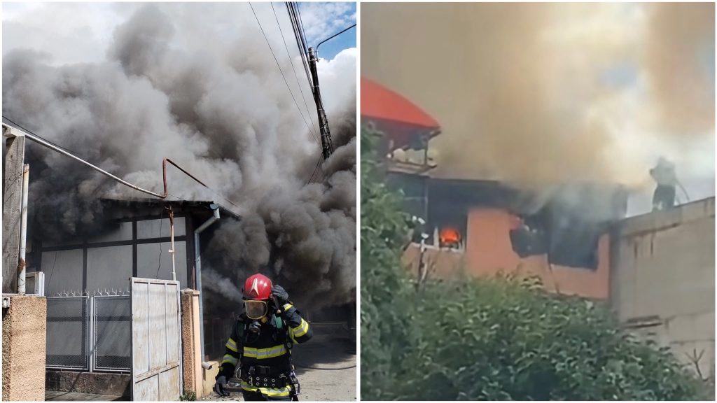 Incendiu devastator la acoperișul unei case din Reșița, pe strada Petru Maior, cu nor gros de fum deasupra orașului