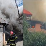 Incendiu devastator la acoperișul unei case din Reșița, pe strada Petru Maior, cu nor gros de fum deasupra orașului
