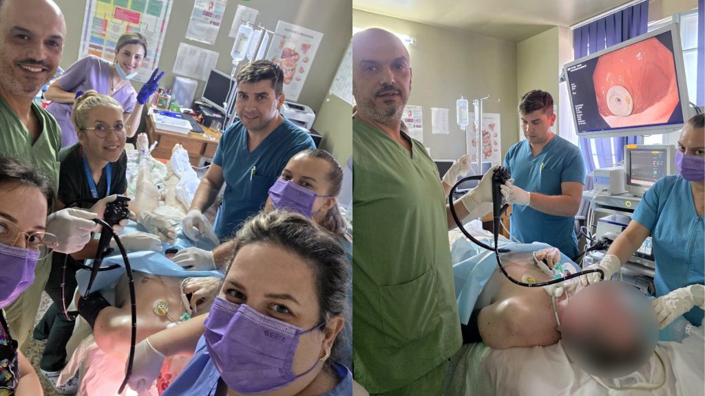 Echipa medicala a Compartimentului de Gastroenterologie din cadrul Spitalului Municipal Lugoj in timpul unei interventii minim invazive