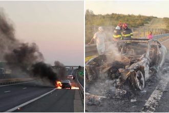O mașină a ars în totalitate pe autostrada Timișoara-Arad