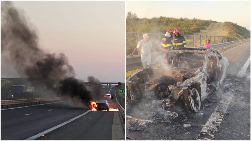 O mașină a ars în totalitate pe autostrada Timișoara-Arad