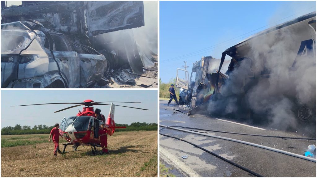 TIR și mașină cuprinse de flăcări după un accident între Berzovia și Bocșa