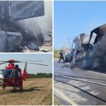 Mașină și TIR distruse de incendiu după accident lângă Reșița, șofer găsit carbonizat