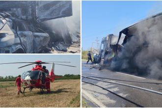 Mașină și TIR distruse de incendiu după accident lângă Reșița, șofer găsit carbonizat