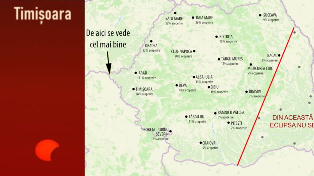 Spectacol rar pe cerul Timișoarei: O eclipsă parțială de Soare va fi vizibilă chiar la apus, miercuri seară.