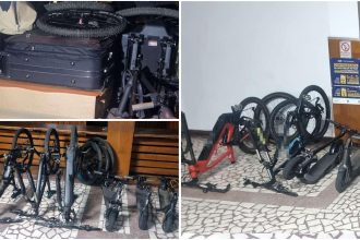 Suspiciune de furt: Biciclete și trotinete de 45.000 de lei, confiscate de polițiștii de frontieră pe A1 din două microbuze