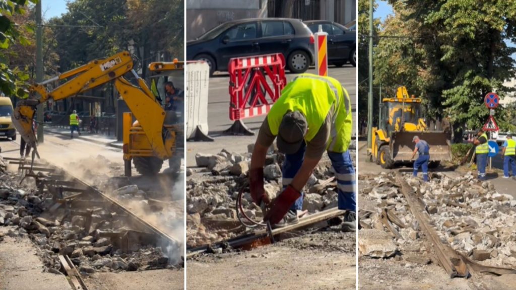 Echipele de intervenție ale STPT spargând betonul pentru remedierea liniei de tramvai lăsate la intersecția de pe Bulevardul Revoluției din 1989