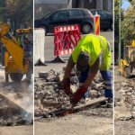 Echipele de intervenție ale STPT spargând betonul pentru remedierea liniei de tramvai lăsate la intersecția de pe Bulevardul Revoluției din 1989