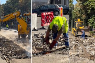 Echipele de intervenție ale STPT spargând betonul pentru remedierea liniei de tramvai lăsate la intersecția de pe Bulevardul Revoluției din 1989