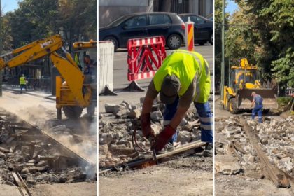 Echipele de intervenție ale STPT spargând betonul pentru remedierea liniei de tramvai lăsate la intersecția de pe Bulevardul Revoluției din 1989