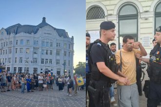 Adunare de protest și intervenția jandarmilor în Piața Operei din Timișoara pentru susținerea primarului Dominic Fritz