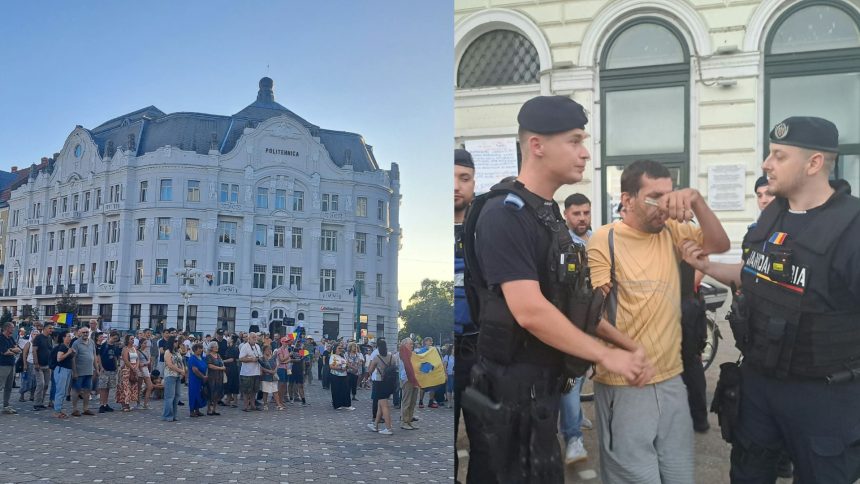 Adunare de protest și intervenția jandarmilor în Piața Operei din Timișoara pentru susținerea primarului Dominic Fritz