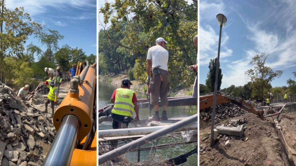 Lucrări de demolare la vechea Pasarelă a Îndrăgostiților care face legătura între Parcul Copiilor și Parcul Poporului din Timișoara