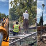 Lucrări de demolare la vechea Pasarelă a Îndrăgostiților care face legătura între Parcul Copiilor și Parcul Poporului din Timișoara