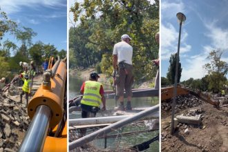 Lucrări de demolare la vechea Pasarelă a Îndrăgostiților care face legătura între Parcul Copiilor și Parcul Poporului din Timișoara
