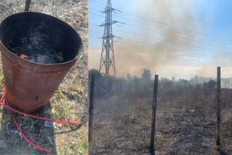 Intervenția pompierilor la un incendiu de vegetație pornit de la un foc făcut în butoi în Giarmata Vii