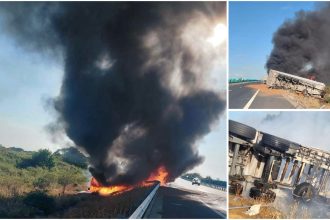 Explozie și incendiu pe A1 lângă Lugoj: TIR în flăcări
