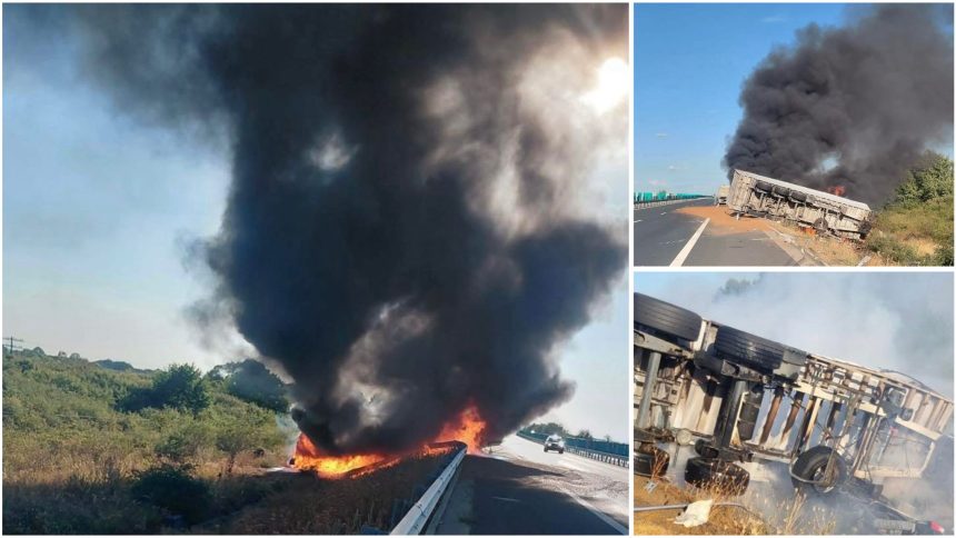Explozie și incendiu pe A1 lângă Lugoj: TIR în flăcări