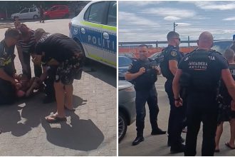 Scandal în parcarea unui supermarket din Arad, două femei încătușate