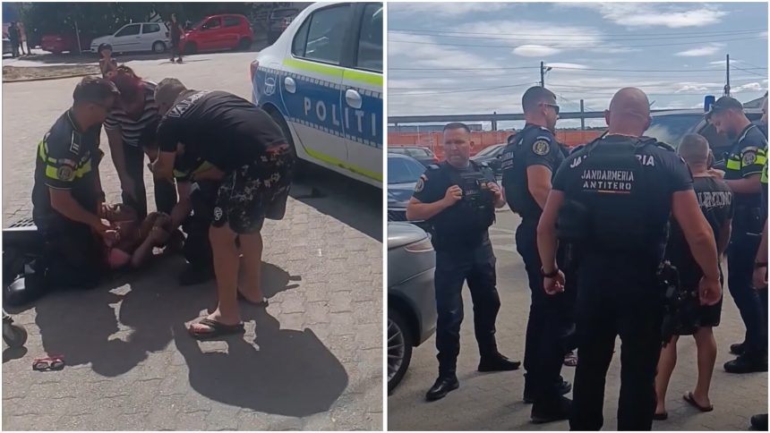 Scandal în parcarea unui supermarket din Arad, două femei încătușate