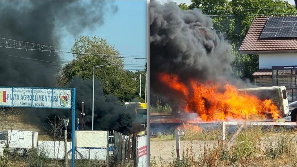 Incendiu la piața din Sânmihaiu Român: O mașină a fost distrusă de flăcări