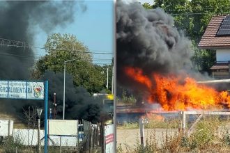 Incendiu la piața din Sânmihaiu Român: O mașină a fost distrusă de flăcări