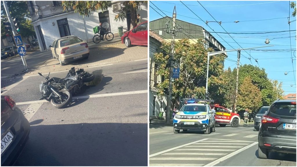 Motociclist lovit de o șoferiță pe strada Ciprian Porumbescu din Timișoara