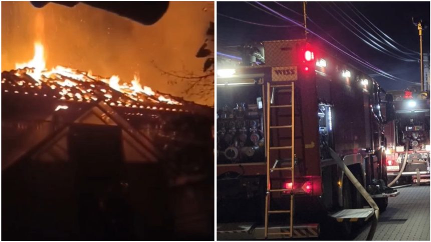Incendiu puternic la o casă din Șteia, Hunedoara, unde flăcările amenințau alte două locuințe