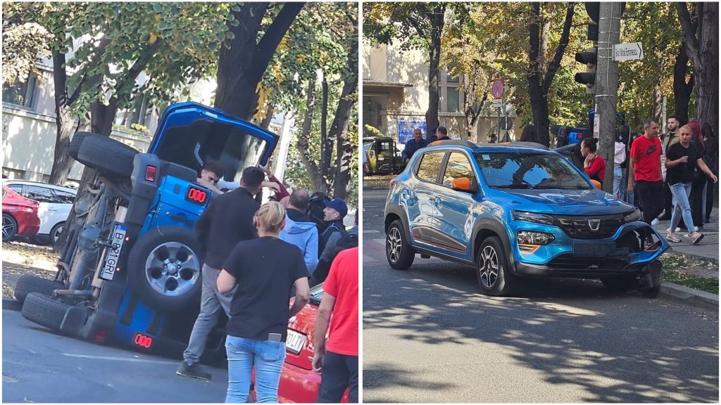 Mașină răsturnată pe Bulevardul Revoluției din Timișoara