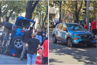 Mașină răsturnată pe Bulevardul Revoluției din Timișoara