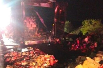 Un TIR încărcat cu cartofi congelați a luat foc pe autostrada A1, lângă Timișoara