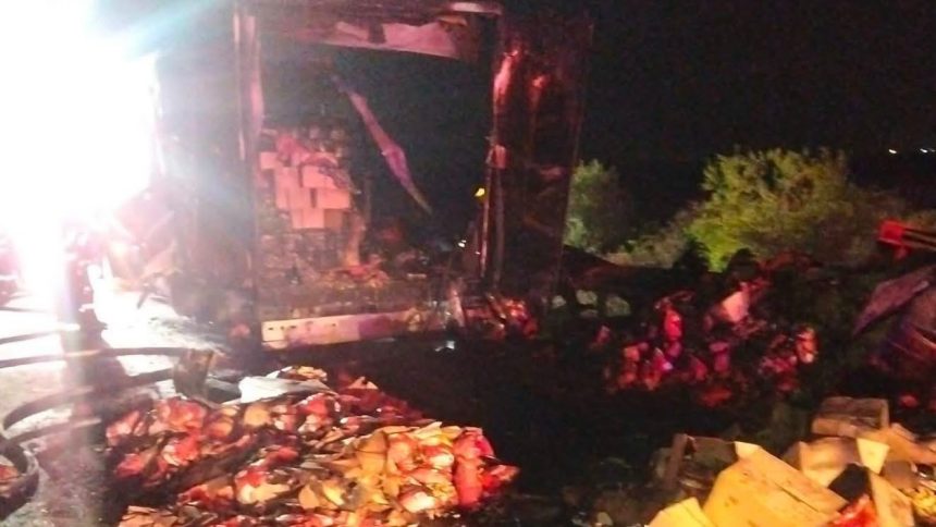 Un TIR încărcat cu cartofi congelați a luat foc pe autostrada A1, lângă Timișoara