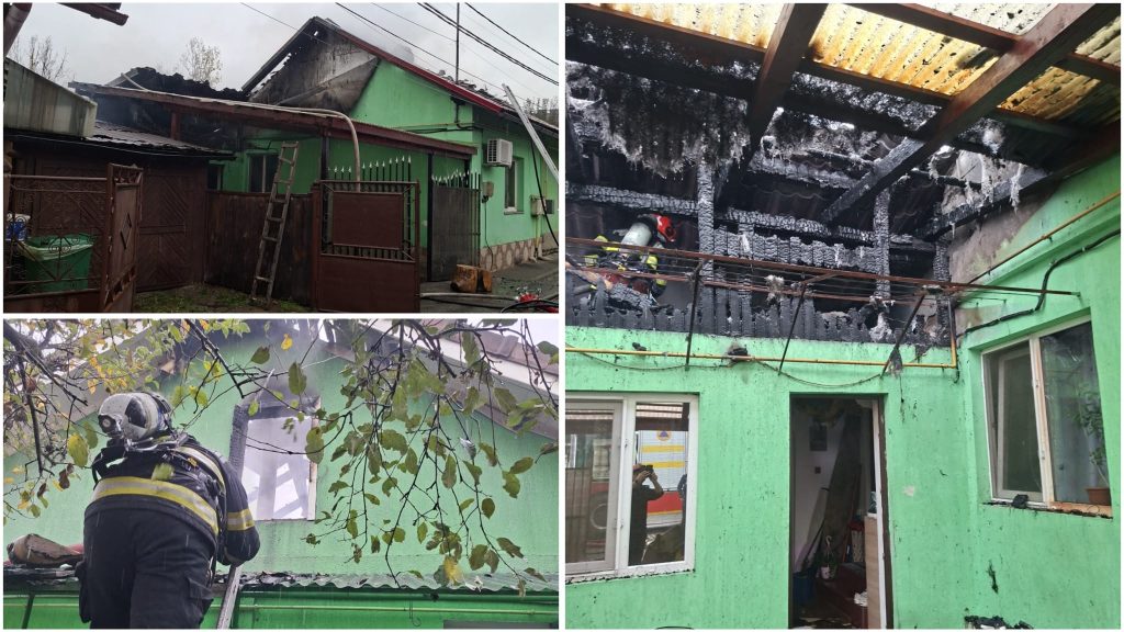 Incendiu violent la o casă din Petrila, județul Hunedoara, unde flăcările au cuprins mansarda și acoperișul